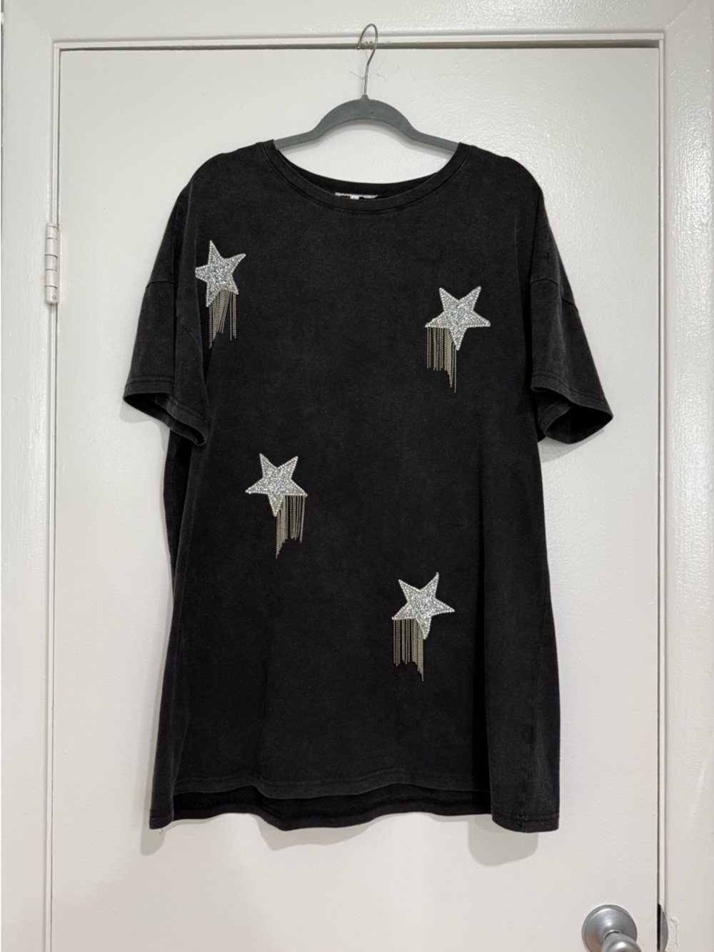 Baevely Black Dark Grey Star Embellished T-Shirt Dress with Silver Fringe